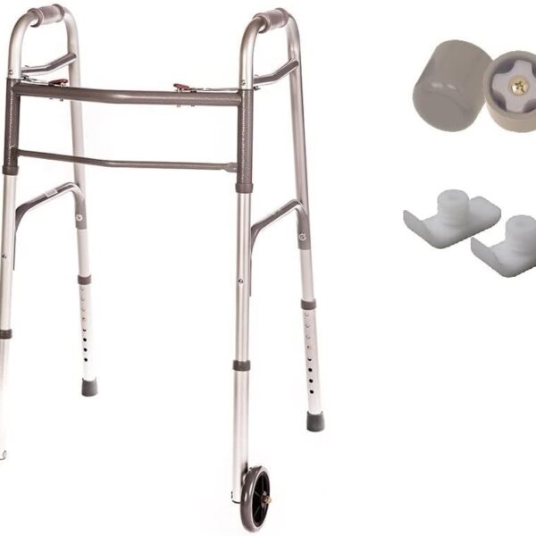 Walker Folding Deluxe 2 Button with Front 5" Wheels and Additional 2 Pair Free Rear Glides for, Adjustable Height (Short, Standard, Tall People) by Healthline Trading
