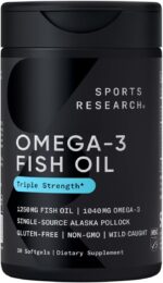Sports Research Triple Strength Omega 3 Fish Oil Supplement - EPA & DHA Fatty Acids from Wild Alaskan Pollock - Heart, Brain & Immune Support for Adults, Men & Women - 1250 mg Capsules (30 ct)