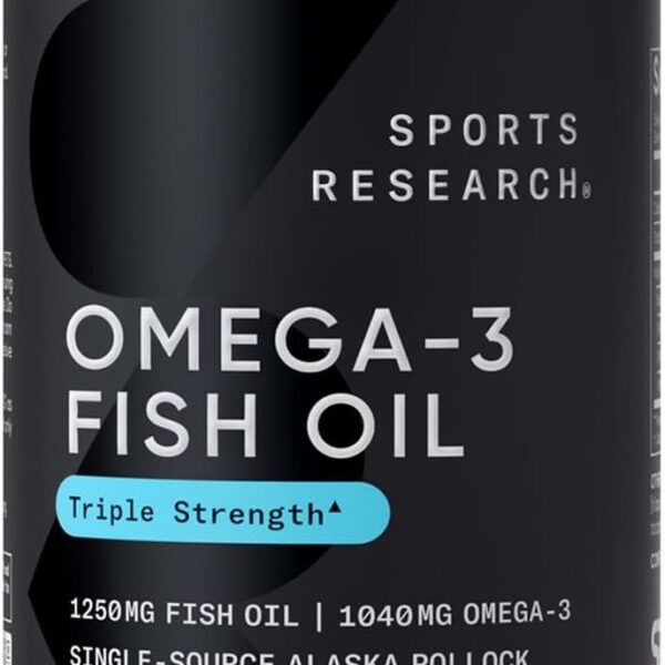 Sports Research Triple Strength Omega 3 Fish Oil Supplement - EPA & DHA Fatty Acids from Wild Alaskan Pollock - Heart, Brain & Immune Support for Adults, Men & Women - 1250 mg Capsules (30 ct)