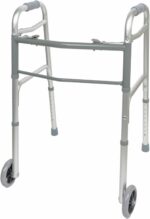 BodyMed Two Button Folding Walker with Wheels, Lightweight Mobility Aid with Foam Grips for Seniors and Adults, 300 lb. Maximum Weight Capacity