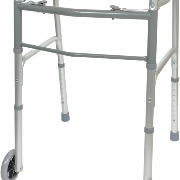BodyMed Two Button Folding Walker with Wheels, Lightweight Mobility Aid with Foam Grips for Seniors and Adults, 300 lb. Maximum Weight Capacity