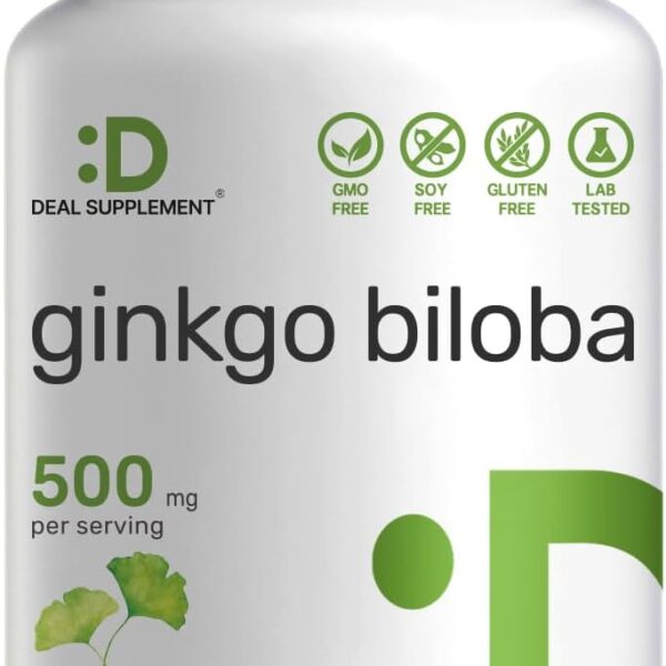 DEAL SUPPLEMENT Ginkgo Biloba 500mg Per Serving, 240 Capsules, 4 Month Supply – Grown in Northern Asia – Extra Strength, Promotes Brain Function