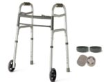 HEALTHLINE Junior Folding Walker Lightweight Deluxe 2 Button with 5-inch Wheels and Additional 2 Pair Free Rear Glides, Front Wheeled Walker for Seniors & Children