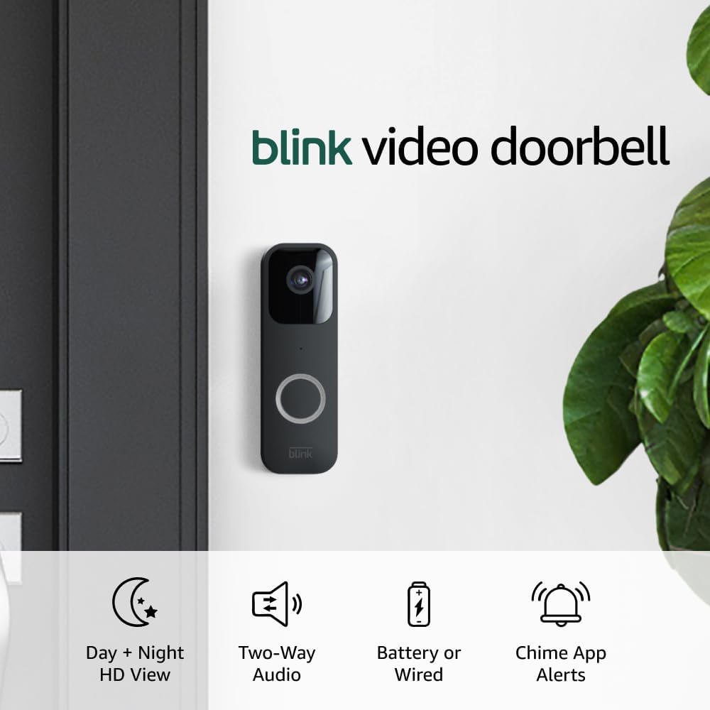 51dsSz67jtL._AC_SL1000_.jpg Blink Video Doorbell (newest model), Two-way audio, HD video, motion and chime app alerts and Alexa enabled — wired or wire-free (Black) - Image 1
