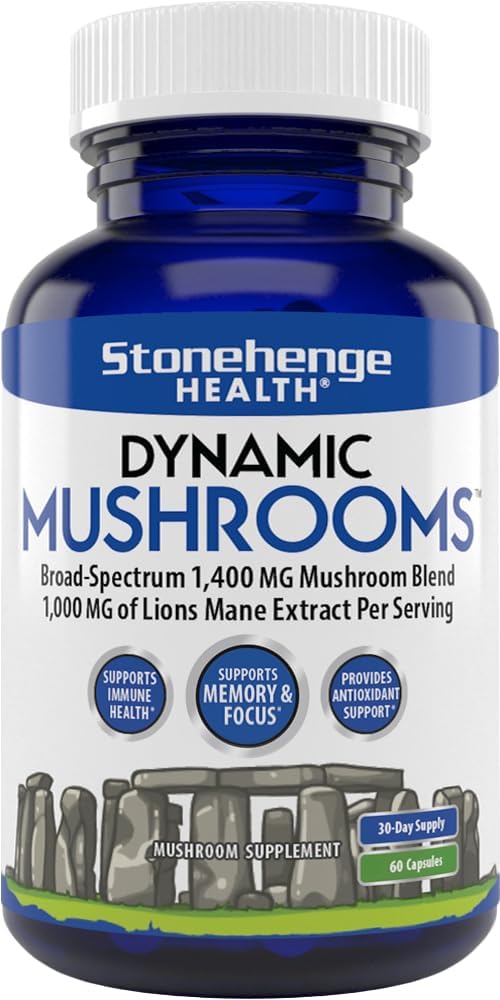 51tAy-imX8L._AC_SL1000_.jpg Stonehenge Health Dynamic Mushrooms - 100% Fruiting Bodies & Extracts - Lion’s Mane, Chaga, Maitake, Shiitake, Reishi - Nootropic Brain & Immune System Support - No Mycelium - 60 Veggie Capsules - Image 1
