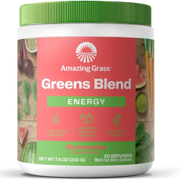 Amazing Grass Greens Superfood Energy: Greens Powder with Plant Based Caffeine, Matcha Green Tea & Beet Root Powder, Watermelon, 30 Servings (Packaging May Vary)