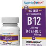 Superior Source No Shot Vitamin B-12 Methylcobalamin 1000 mcg, B-6 & Folic Acid 800 mcg - Supports Brain & Heart Health - Aids Natural Energy Levels - 60 Sublingual Dissolving Tablets