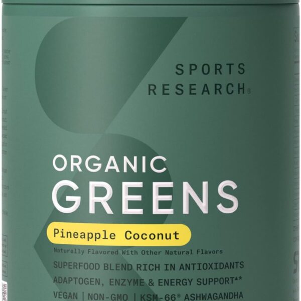 Sports Research® Organic Greens Superfood Powder w/Spirulina & Chlorella, Adaptogens, Enzymes, Probiotics & 8 VIT Bs for Gut & Mood Support* - Vegan, Sugar-Free & Low-Cal Pineapple Coconut 20