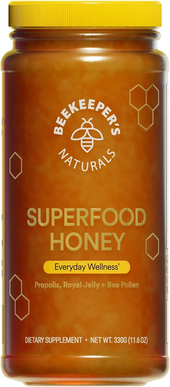 613OlvUrkxL._AC_SL1350_.jpg Superfood Honey by Beekeeper's Naturals - Bee Pollen, Royal Jelly, Propolis, Honey - Natural Energy, Immune Support, Mental Clarity, Athletic Performance (11.6 oz) - Image 1