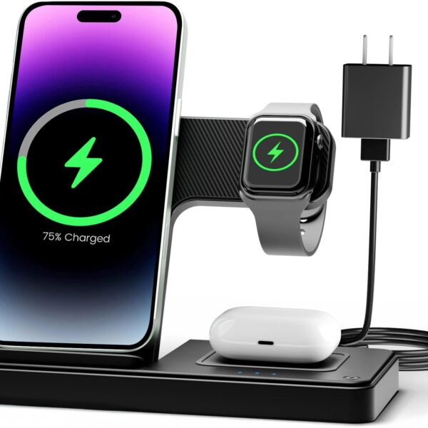 Wireless Charger iPhone Charging Station: 3 in 1 Charger Stand Multiple Devices for Apple - iPhone 16e 16 15 14 Pro Max 13 12 11 - Watch 10 9 8 7 6 5 4 3 2 SE and Ultra Series - Airpods 4 3 2 Pro