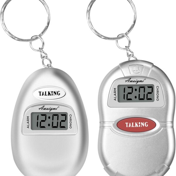 2 Pack Talking Clock for Blind Elderly, Small Travel Alarm Clock Keychain for Visually Impaired, English Language Battery Operated Talking Clock for Seniors