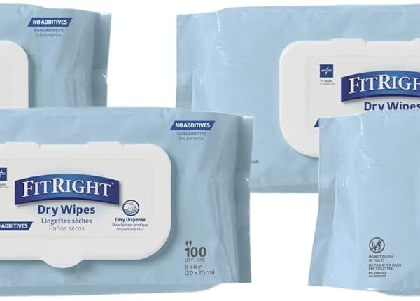 Medline FitRight Dry Wipes, Personal Cleansing Wipes, Dry Baby Wipes or Incontinence Care, No Additives, Hypoallergenic, 8” x 8” Wipe, 100 Count (Pack of 4)