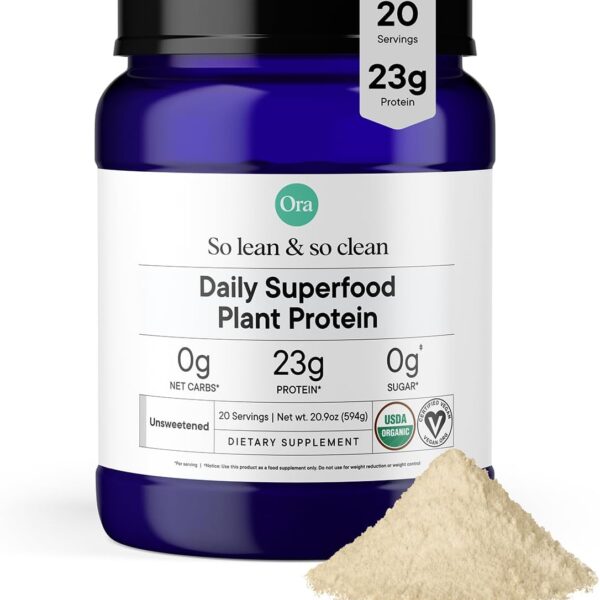 Ora Organic Vegan Protein Powder - 23g Plant Based Pea Protein + Superfood for Women and Men - Unsweetened 20 Servings, No Erythritol, Digestive Enzyme, Keto-Friendly, Gluten-Free, Paleo, Soy-Free