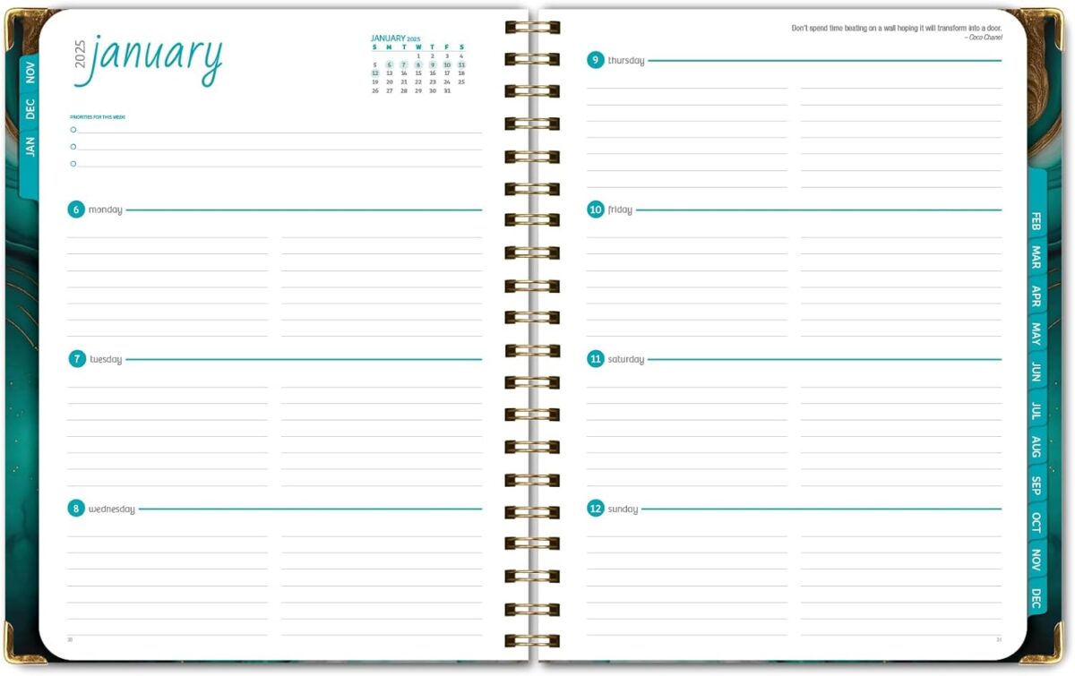 HARDCOVER 2025 Planner, 8.5"x11": 14 Months (November 2024 - December 2025), Daily Weekly Monthly Planner, Yearly Agenda, Bookmark, Pocket Folder and Sticky Note Set (Teal Gold Marble) - Image 4