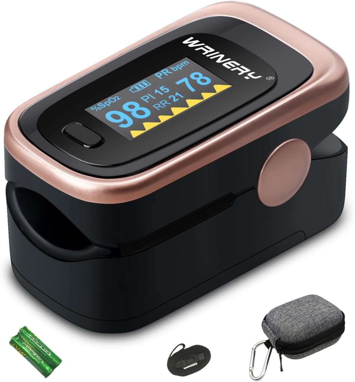 WRINERY Pulse Oximeter Fingertip, Oxygen/ O2 Saturation Monitor, OLED Portable Oximetry with Batteries, Lanyard (Rose gold-black) - Image 1