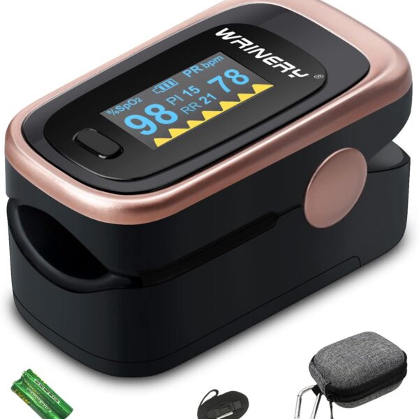 WRINERY Pulse Oximeter Fingertip, Oxygen/ O2 Saturation Monitor, OLED Portable Oximetry with Batteries, Lanyard (Rose gold-black)