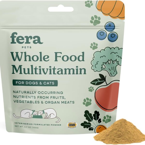 Fera Pet Organics Whole Food Multivitamin Cat and Dog Food Topper - Vet Created Cat & Dog Vitamins Plus Minerals, Micronutrients, Prebiotics and Probiotics – Powder Supplement - 3.7oz