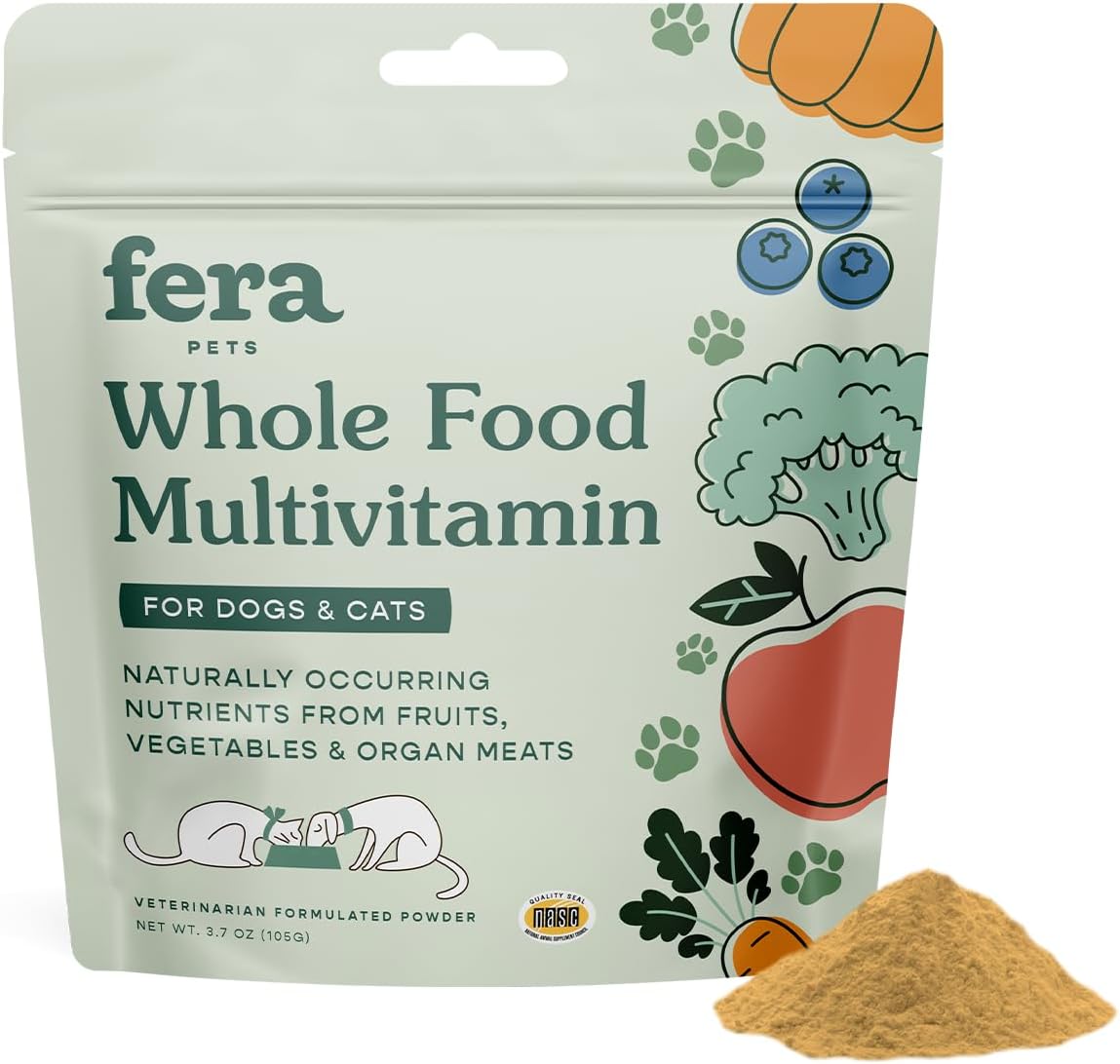 618cqhlihIL._AC_SL1500_.jpg Fera Pet Organics Whole Food Multivitamin Cat and Dog Food Topper - Vet Created Cat & Dog Vitamins Plus Minerals, Micronutrients, Prebiotics and Probiotics – Powder Supplement - 3.7oz - Image 1