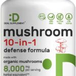 Organic 10-in-1 Mushroom Supplement 8,000mg Per Serving, 240 Capsules – Lions Mane, Turkey Tail, Reishi, Cordyceps & More Mushroom Complex – Immune, Energy & Nootropic Brain Support – Non-GMO