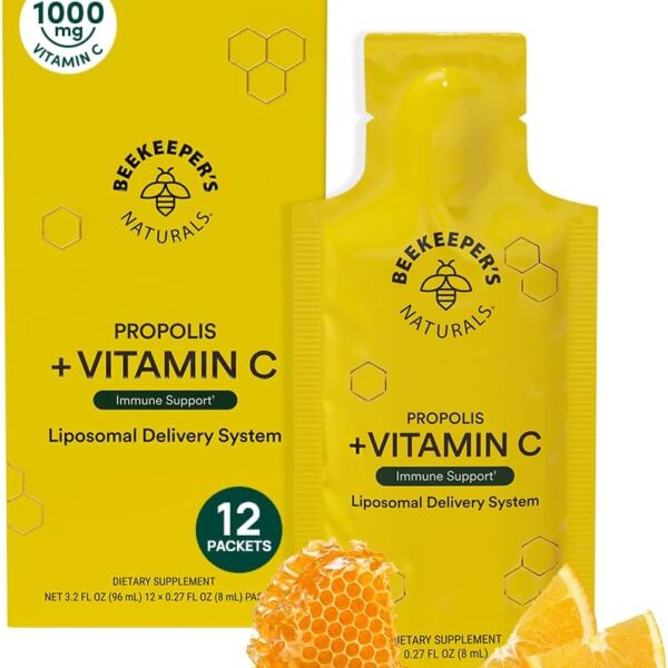 Propolis Liposomal Vitamin C by Beekeeper's Naturals, 1000mg Vitamin C, Propolis & Organic Honey, Supercharged Immune Support & Increased Bioavailibity for Max Absorption, 12 Ct