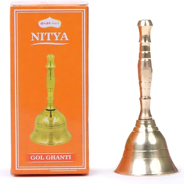 Shubhkart Solid Brass Ghanti for Pooja | 3.5 Inches Puja Bell for Temple | Hand Held Bell for Events Decoration, Food Line, Alarm, Jingles, Ringing and Service Bell (Small)