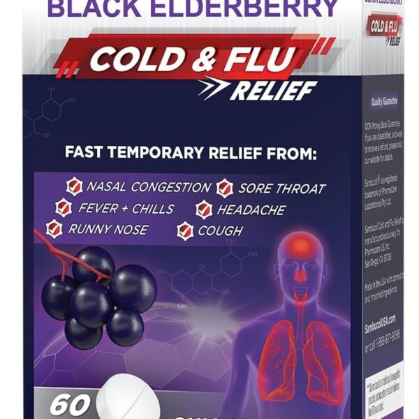 Sambucol Cold and Flu Relief Tablets - Homeopathic Cold Medicine, Cold Remedy for Adults, Black Elderberry for Colds, Zinc Cold Remedy - 60 Count