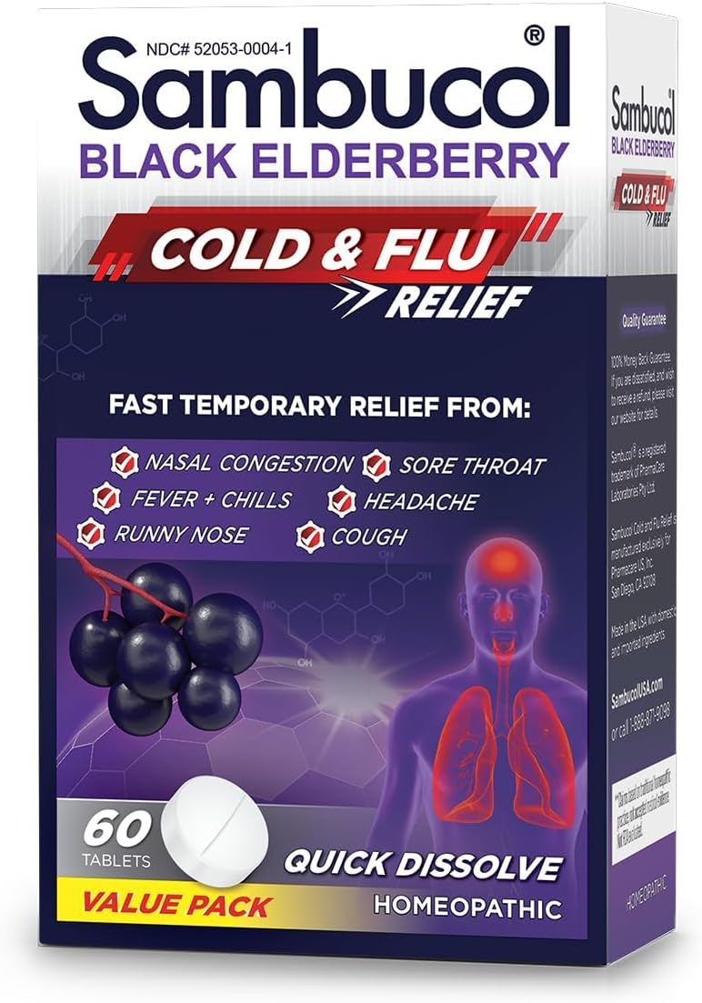 619nYiIew4L._AC_SL1200_.jpg Sambucol Cold and Flu Relief Tablets - Homeopathic Cold Medicine, Cold Remedy for Adults, Black Elderberry for Colds, Zinc Cold Remedy - 60 Count - Image 1