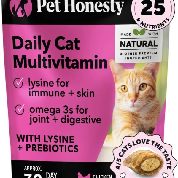 Pet Honesty Cat Multivitamin Crunchy & Creamy Chews - Cat Treats for Health + Immune, Joint Support, Skin & Coat, & Digestion - Vitamins with Omega 3s, Lysine & Probiotics (30 Day Supply)