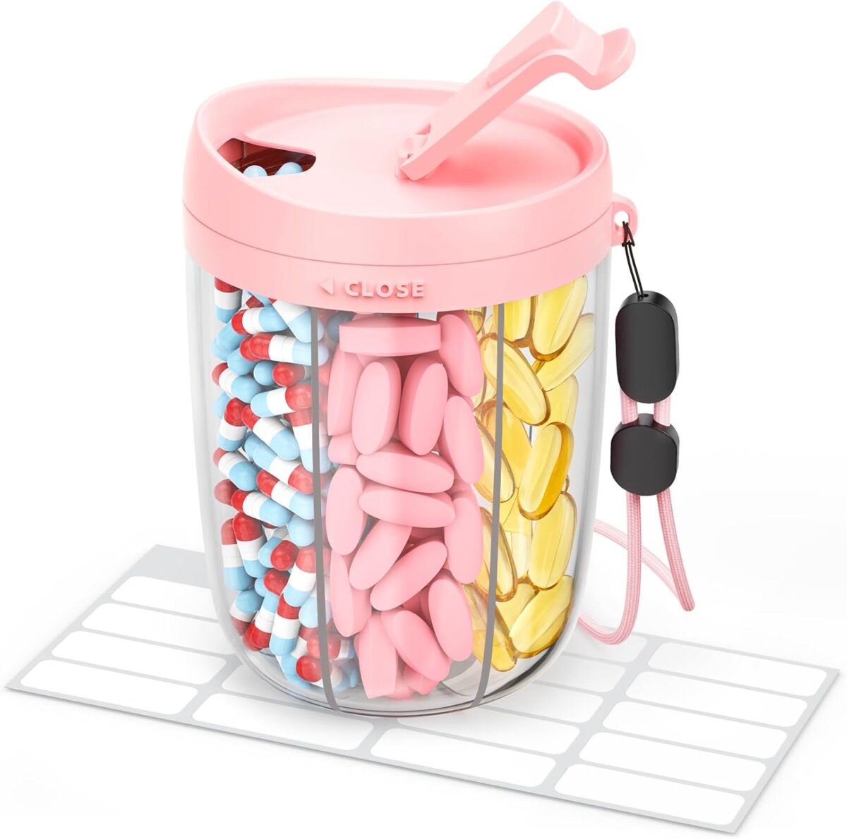 Large Pill Dispenser with 6 Compartments, Anti-Mix Pill Bottle Organizer with Wide Opening & Easy Retrieval, Vitamin Organizer for Travel, BPA-Free Pill Box with a Strap, Pink - Image 1