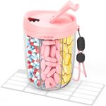 Large Pill Dispenser with 6 Compartments, Anti-Mix Pill Bottle Organizer with Wide Opening & Easy Retrieval, Vitamin Organizer for Travel, BPA-Free Pill Box with a Strap, Pink