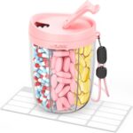 Large Pill Dispenser with 6 Compartments, Anti-Mix Pill Bottle Organizer with Wide Opening & Easy Retrieval, Vitamin Organizer for Travel, BPA-Free Pill Box with a Strap, Pink