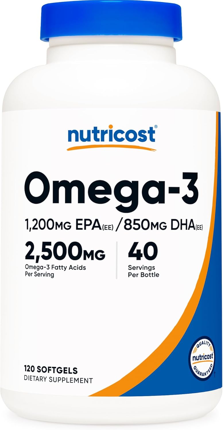 61DE6L9wduL._AC_SL1500_.jpg Nutricost Omega 3 Fish Oil - 2500MG, 120 Softgels (40 Serv) - Fish Oil, Wild Caught! 1200mg EPA 850mg DHA - Non-GMO, Gluten Free - Image 1