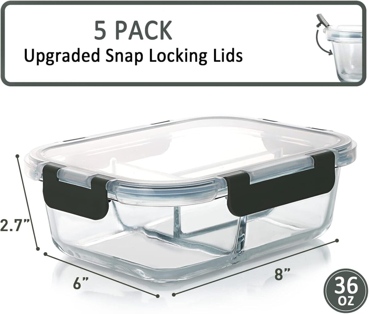 M MCIRCO [5-Pack, 36 oz] Glass Meal Prep Containers 3 Compartment with Lids, Glass Lunch Containers,Food Prep Lunch Box,Bento Box,Microwave, Oven, Freezer, Dishwasher (4.5 Cups) - Image 2