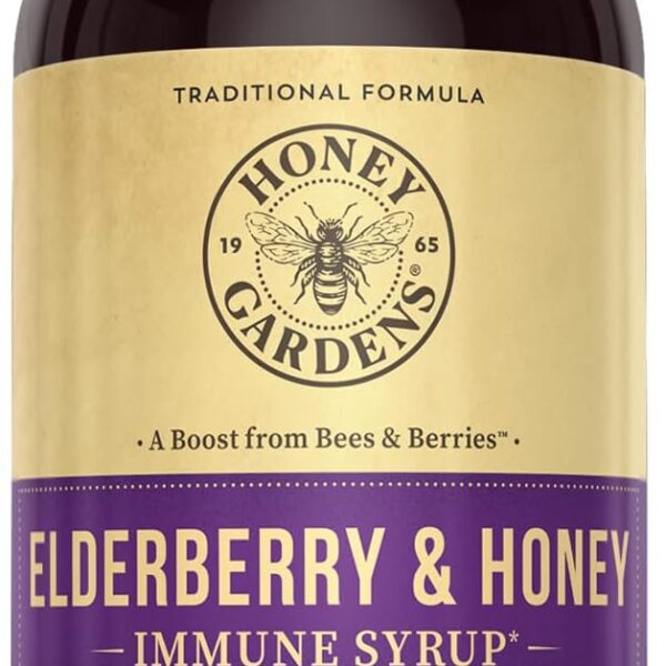 Honey Gardens Elderberry & Honey Immune Syrup - Black Elderberry Syrup for Adults & Kids, Natural Throat Defense Wellness Supplement with Propolis & Organic Apple Cider Vinegar - 8 Fl Oz
