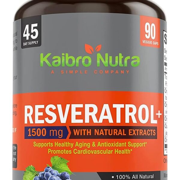 Kaibro Nutra Resveratrol 1500mg per Serving of Organic Trans-Resveratrol & Potent Antioxidants, Pure Extra Strength Complex, Anti-Aging, Radiant Skin and Immunity Support- 45 Day Supply