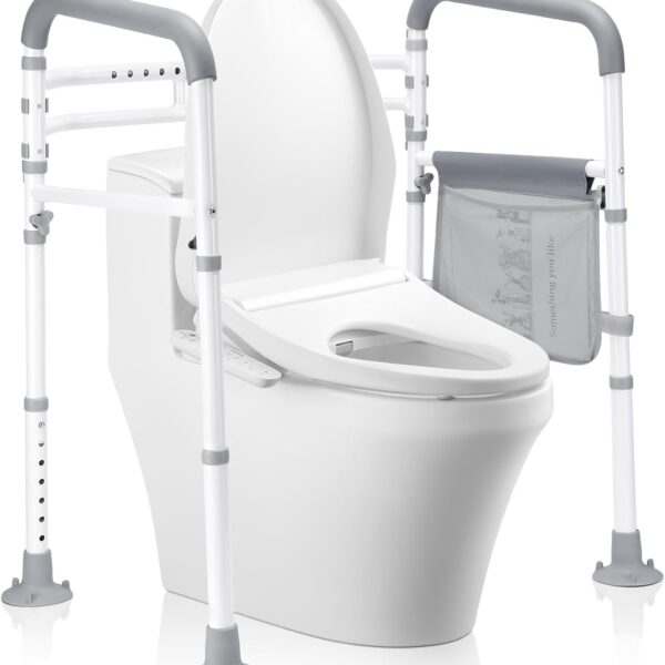 Toilet Safety Rails-Adjustable Toilet Safety Frame, FoldableTtoilet Support Rails with Handles, Heavy Duty Toilet Handles for Elderly, Seniors, Handicap & Disabled-Fits Most Toilets