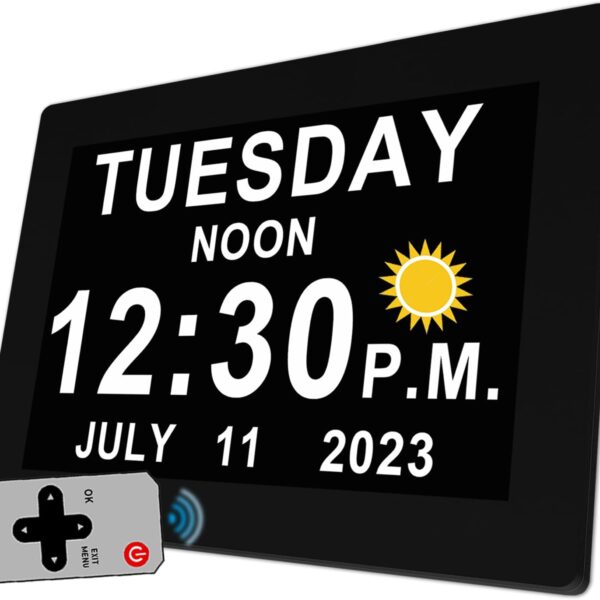 19 Alarms Digital Clock with Voice Talking Time, Auto DST, 20 Custom Reminders, 10-Level Auto Dimmer, 6 Display Modes, Day Date Calendar Clock for Seniors Dementia Alzheimers'- 7 Inch with Remote