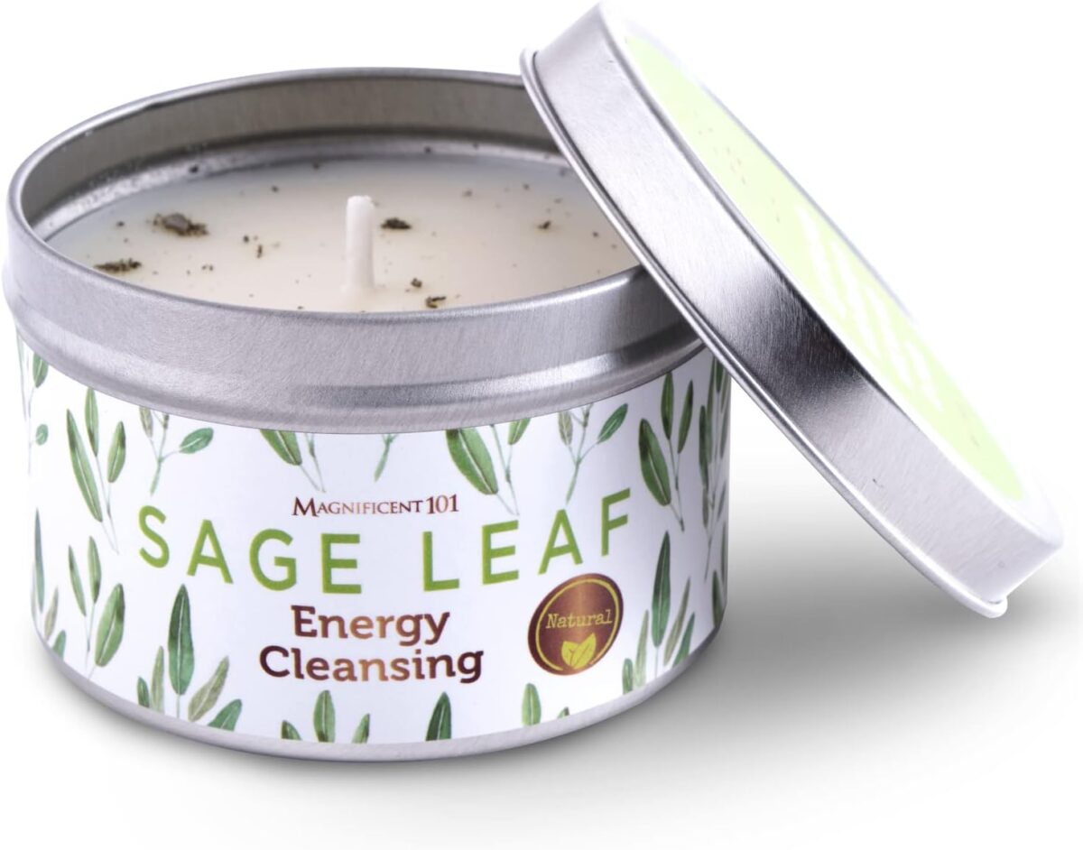 Magnificent 101 Sage Leaf Energy Cleansing Candle in 6-oz. Tin Holder: 100% Natural Soy Wax with Pure White Sage Leaves & Essential Oils for Smudging and Intention Setting; Great Housewarming Gift - Image 1