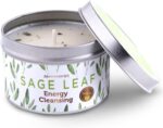 Magnificent 101 Sage Leaf Energy Cleansing Candle in 6-oz. Tin Holder: 100% Natural Soy Wax with Pure White Sage Leaves & Essential Oils for Smudging and Intention Setting; Great Housewarming Gift