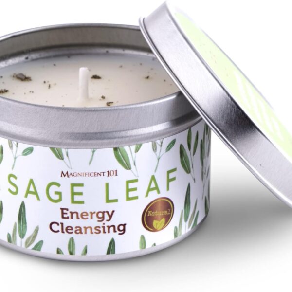 Magnificent 101 Sage Leaf Energy Cleansing Candle in 6-oz. Tin Holder: 100% Natural Soy Wax with Pure White Sage Leaves & Essential Oils for Smudging and Intention Setting; Great Housewarming Gift