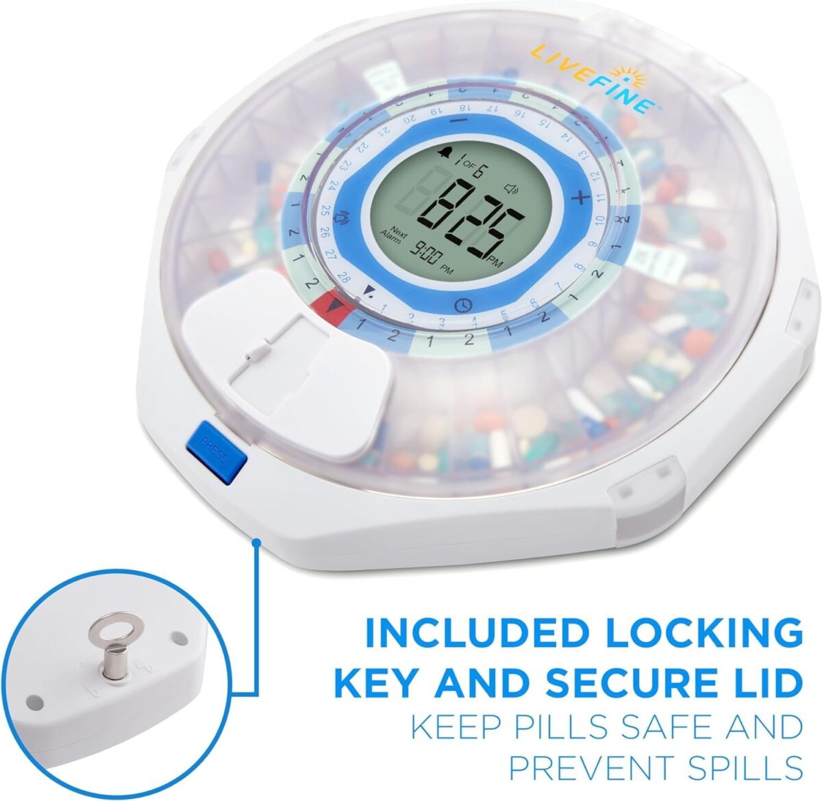 LiveFine WiFi Automatic Pill Dispenser and Remote Medication Monitoring System with Locking Key, 28-Day Medication Organizer Up To 9 Doses Per, Adjustable Light/Sound Alarms For Prescriptions & Vitami - Image 6