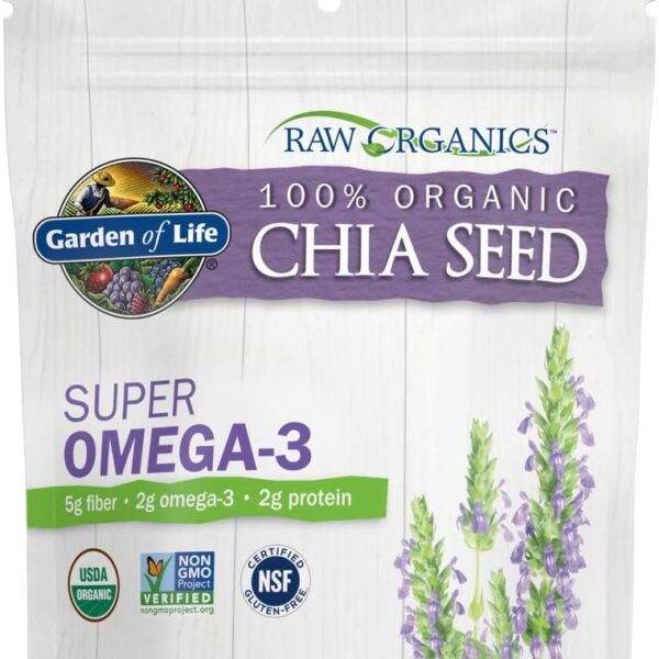 Chia Seeds 100% Organic for Smoothies, Pudding - Raw Organics Whole Seed Foods with Omega 3 Superfood, Fiber, Keto Friendly, Non-GMO, Gluten Free - Garden of Life - Vegan Egg Substitute, 28 Servings