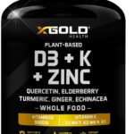 Vitamin D, K2, K1, Zinc, Quercetin, Elderberry, Turmeric, Ginger & Echinacea Whole Food Supplement 8 in 1- D3 5000 IU Plant-Based from Lichen, Vitamin K (K2 MK7, MK4, K1), D3 K2 Vitamins -120 Capsules