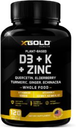 Vitamin D, K2, K1, Zinc, Quercetin, Elderberry, Turmeric, Ginger & Echinacea Whole Food Supplement 8 in 1- D3 5000 IU Plant-Based from Lichen, Vitamin K (K2 MK7, MK4, K1), D3 K2 Vitamins -120 Capsules