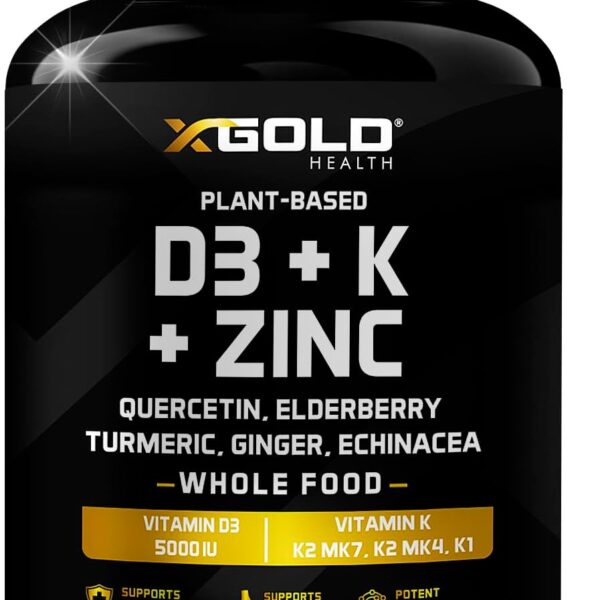 Vitamin D, K2, K1, Zinc, Quercetin, Elderberry, Turmeric, Ginger & Echinacea Whole Food Supplement 8 in 1- D3 5000 IU Plant-Based from Lichen, Vitamin K (K2 MK7, MK4, K1), D3 K2 Vitamins -120 Capsules