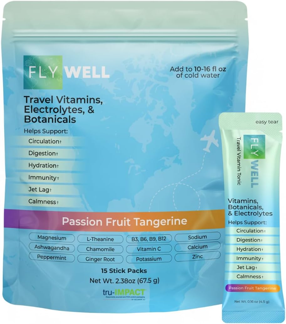 61UE8n81c0L._AC_SL1080_.jpg Travel Vitamin Tonic for Flight, Jet Lag, Hydration, Circulation, Digestion & Immune Support, Promotes Calmness, Electrolyte Powder, Travel Essentials, Passion Fruit Tangerine, 15 Sticks - Image 1