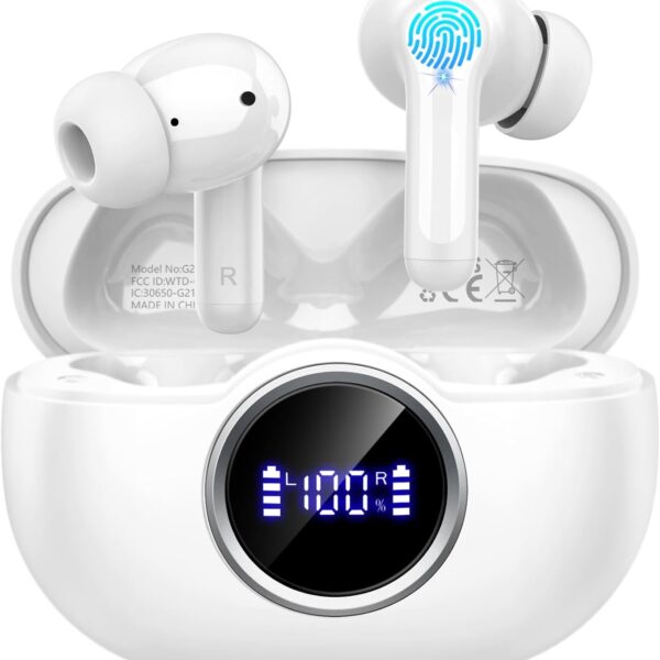 Wireless Earbuds, 2025 Bluetooth 5.4 Headphones Deep Bass Stereo Ear Buds, 4 ENC Noise Cancelling Mic 36Hrs USB-C in-Ear Earphones IP7 Waterproof Sport Workout for Laptop Pad Android iOS Phone, White