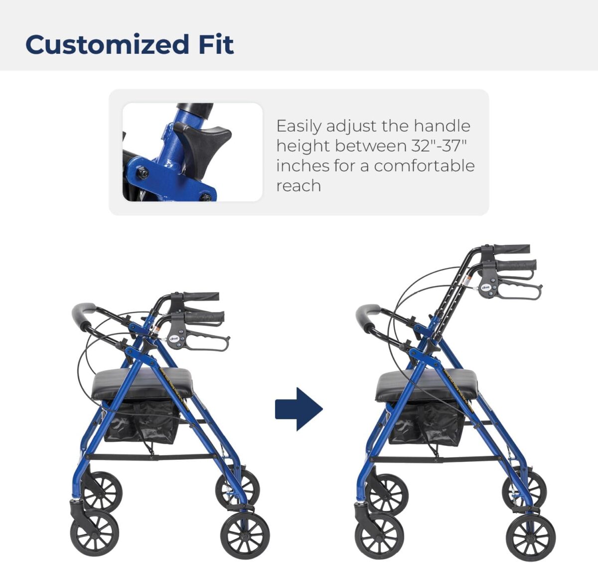 Drive Medical Aluminum Rollator Walker Fold Up and Removable Back Support, Padded Seat, 6" Wheels, Blue,R726BL - Image 7