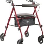 Medline Superlight Folding Aluminum Mobility Rollator Walker, Red, 250 lb. Weight Capacity, 6" Wheels, Adjustable Arms and Seat, Foldable Rolling Walker for Seniors