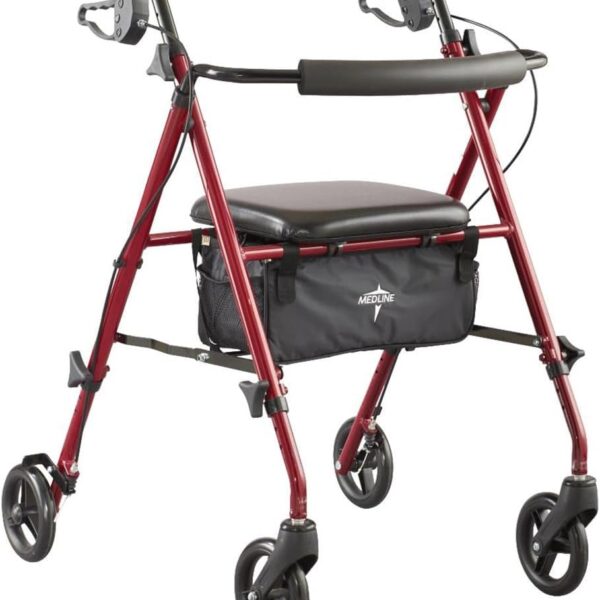 Medline Superlight Folding Aluminum Mobility Rollator Walker, Red, 250 lb. Weight Capacity, 6" Wheels, Adjustable Arms and Seat, Foldable Rolling Walker for Seniors